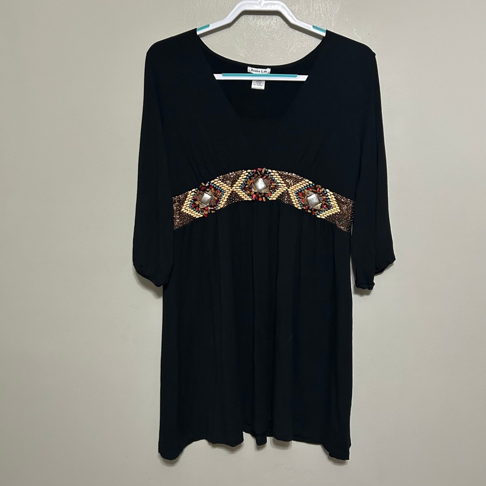 Krista Lee Womens Dress XL‎ Black Embellished 3/4 Sleeve Casual Boho Beaded Belt